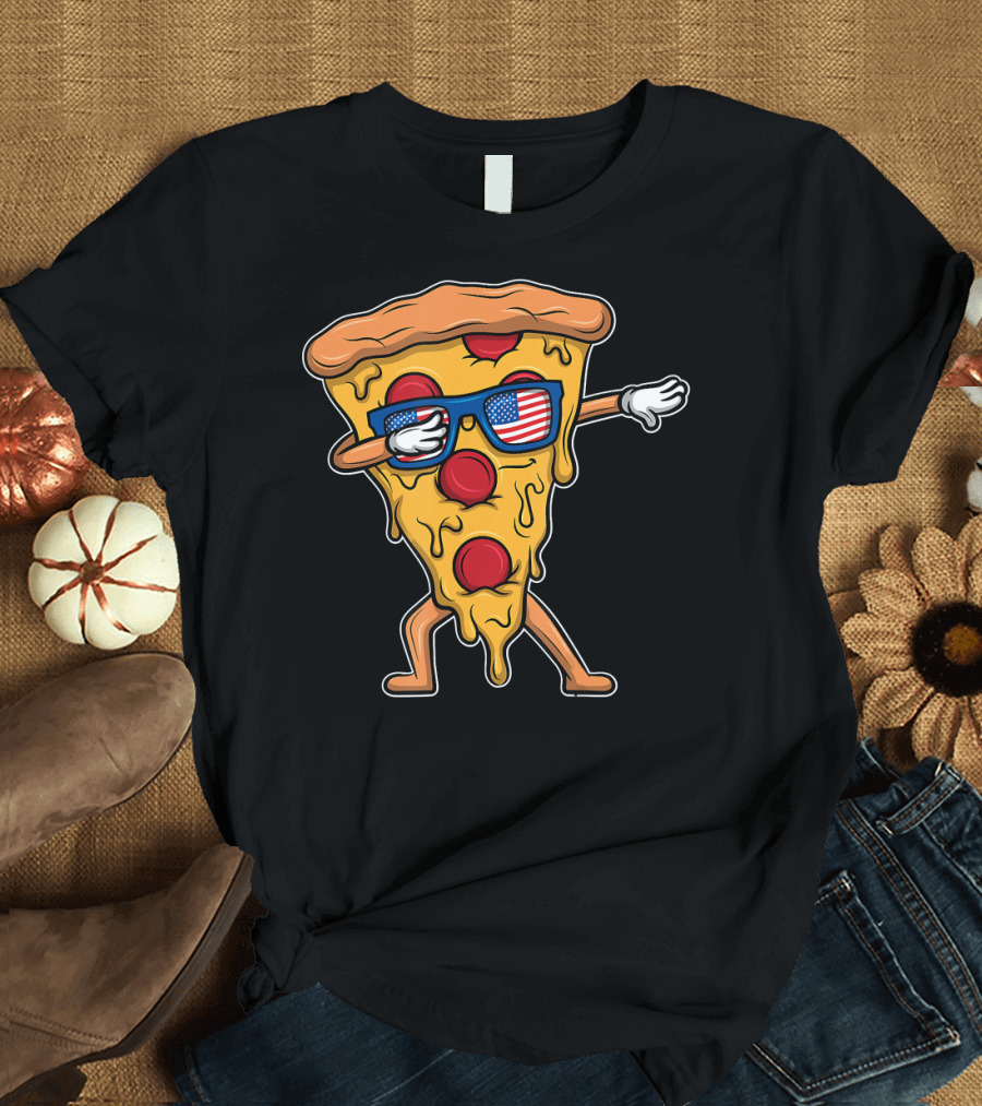 Dabbing Salami Pizza Wearing USA Flag Sunglasses for 4th of July T-Shirt