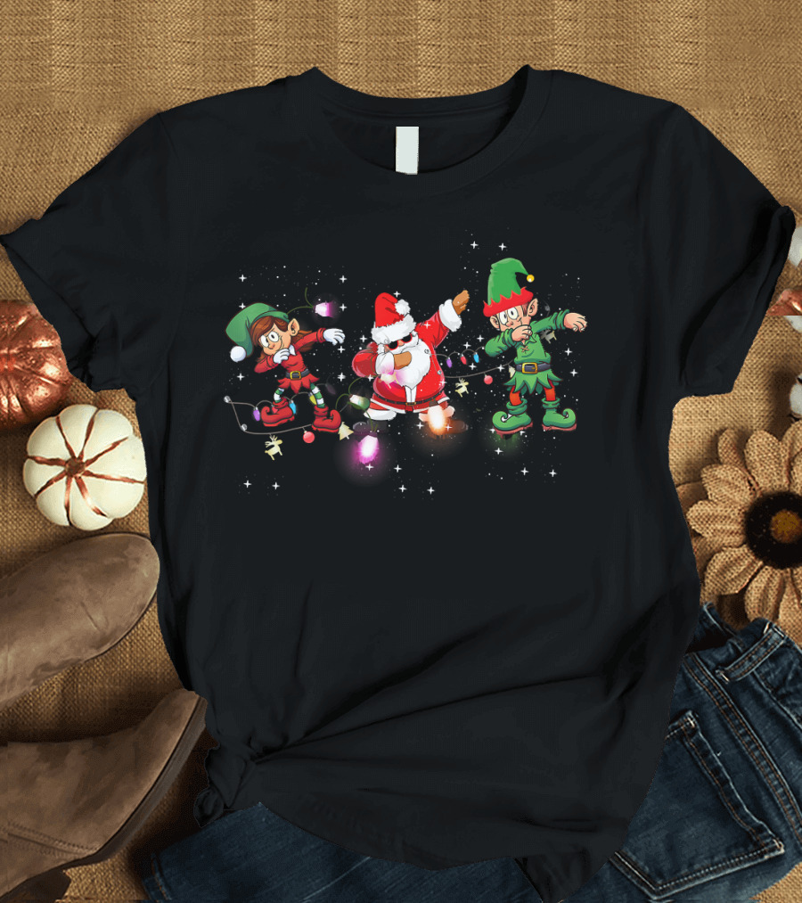 Dabbing Santa with Elves and Christmas Lights T-Shirt