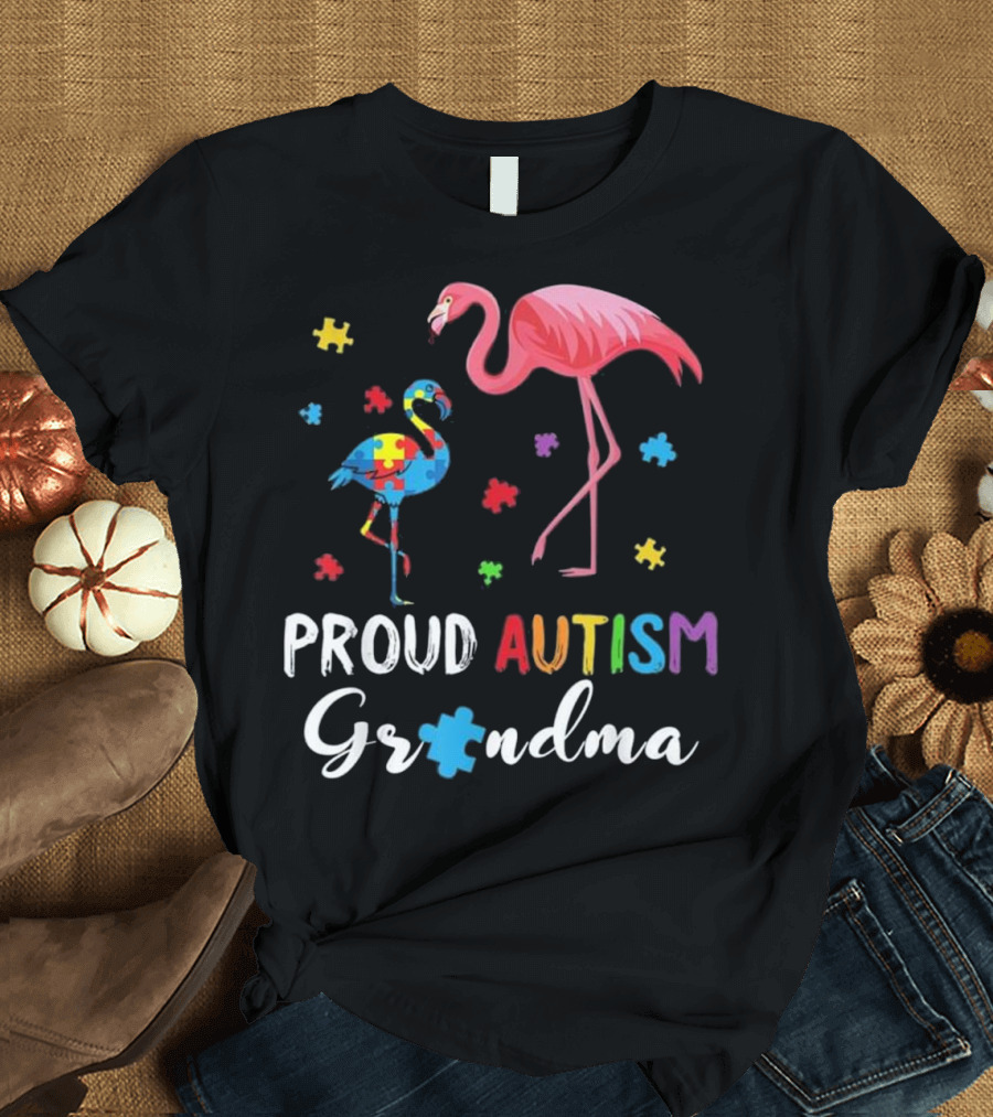 Proud Autism Grandma Flamingos with Puzzle Pieces T-Shirt