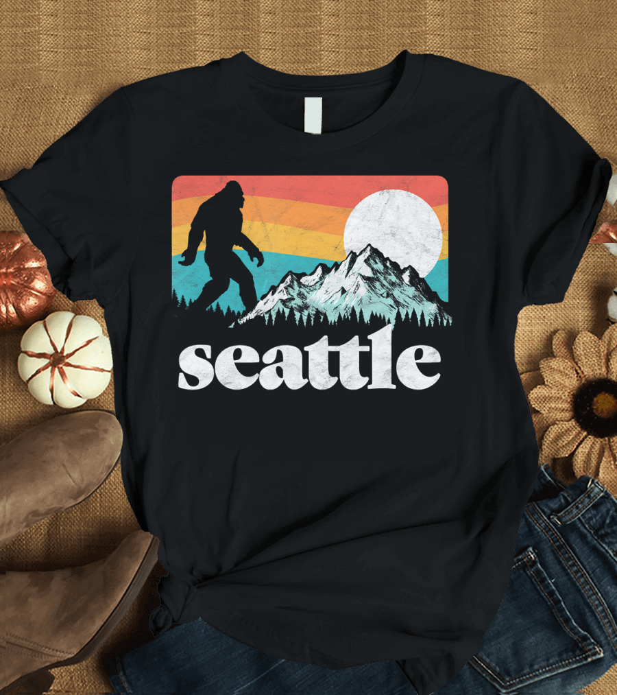 Seattle Retro Bigfoot Mountains Sunset T-Shirt