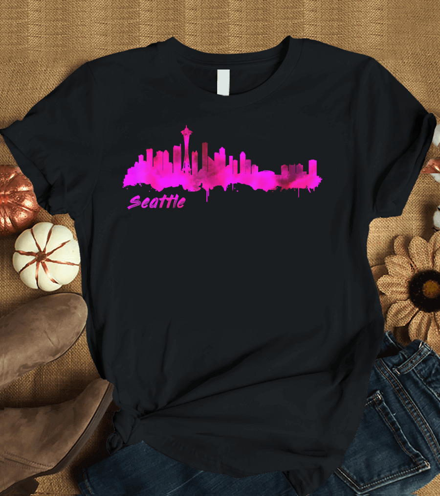 Seattle Washington Skyline Pink Watercolor T-Shirt