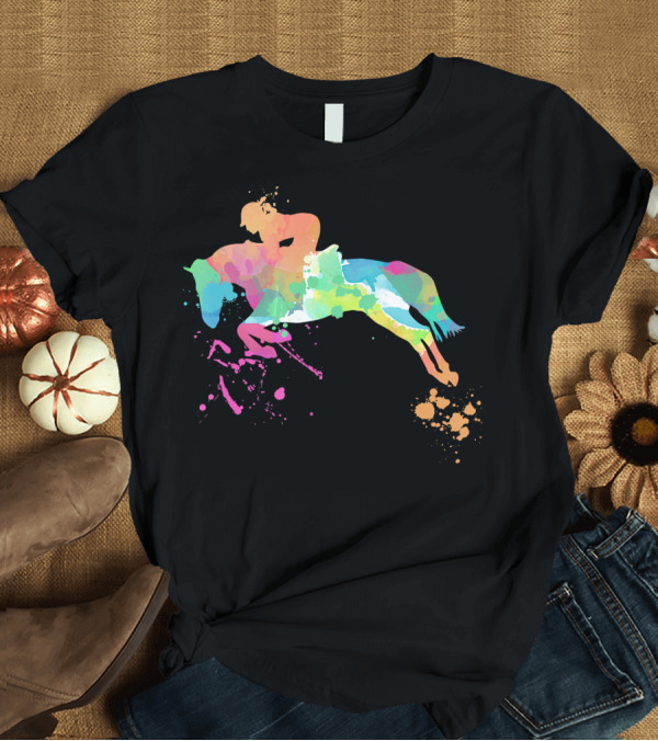 T-Shirt: Horseback Rider Jumping in Vibrant Watercolor Splash T-Shirt Horseback Rider Jumping in Vibrant Watercolor Splash T-Shirt