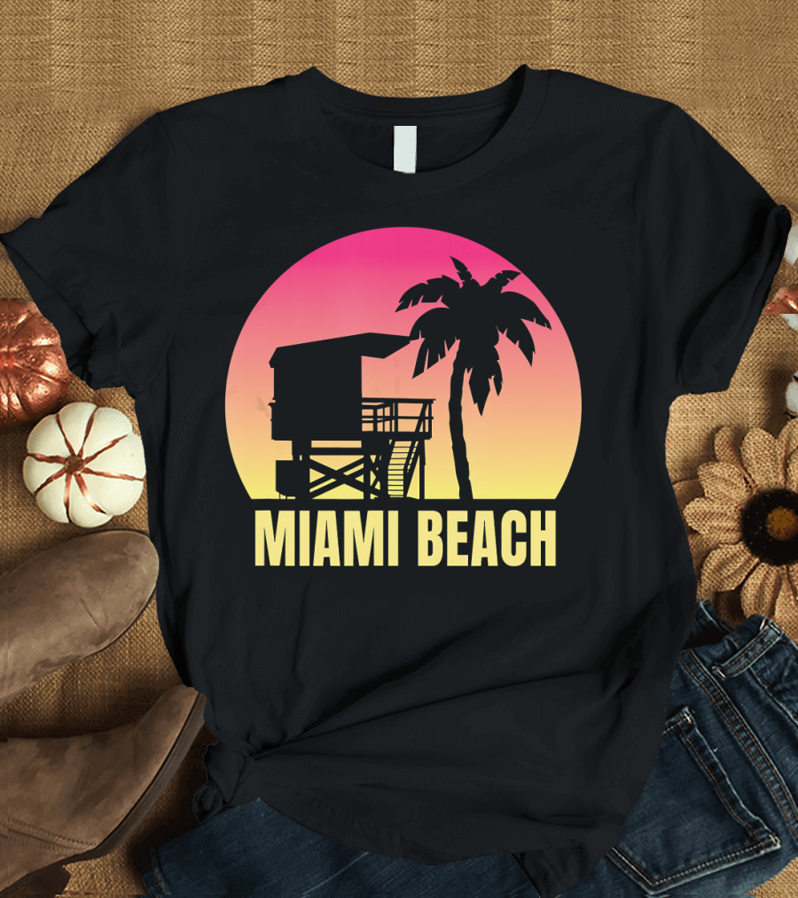 Miami Beach Florida Vacation Souvenir Sunset Palm Tree Lifeguard Tower T-Shirt
