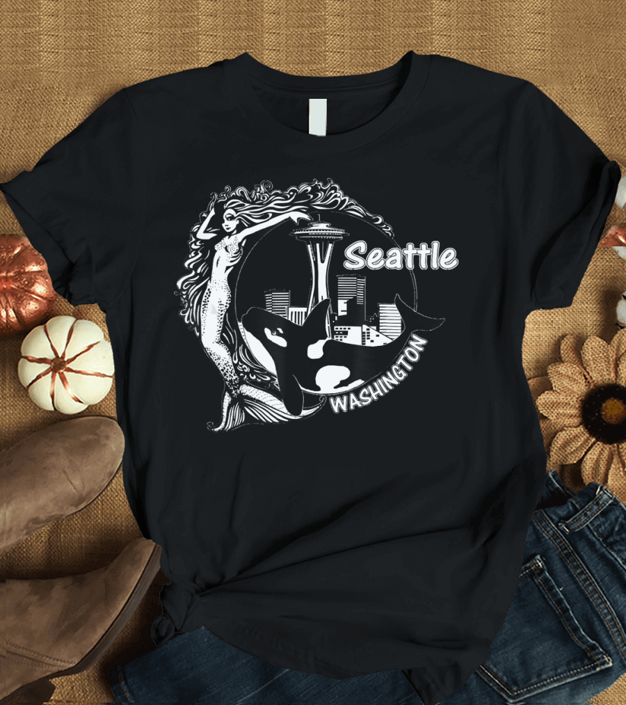 Seattle Washington Space Needle Mermaid Orca T-Shirt