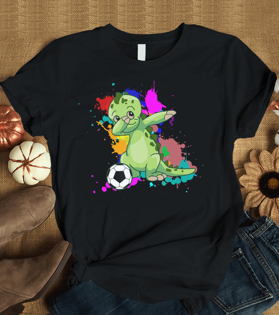 Dabbing Soccer Dinosaur Funny Dab Dan Colorful Splatter Background T-Shirt