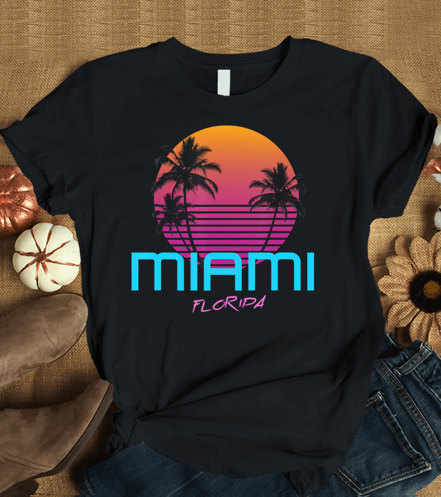 Miami Florida Sunset Palm Trees Retro 80s T-Shirt