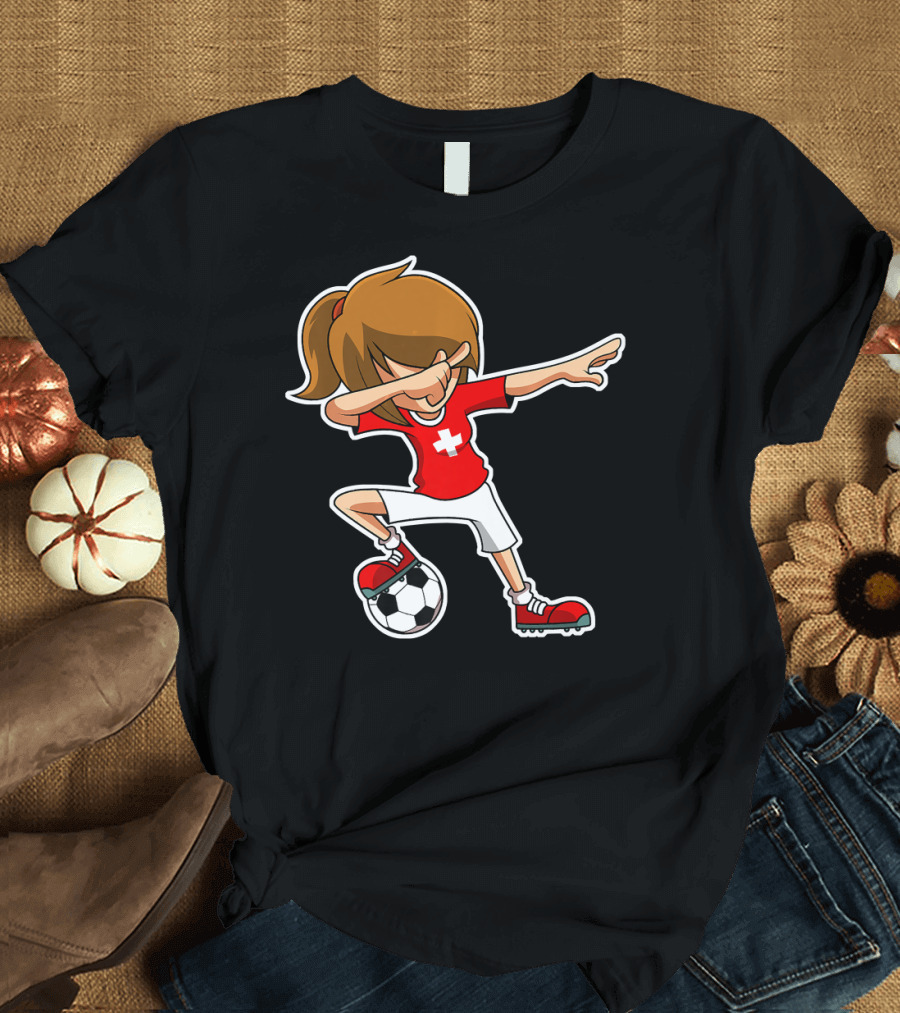 Dabbing Soccer Girl Red Switzerland Jersey Football Player T-Shirt