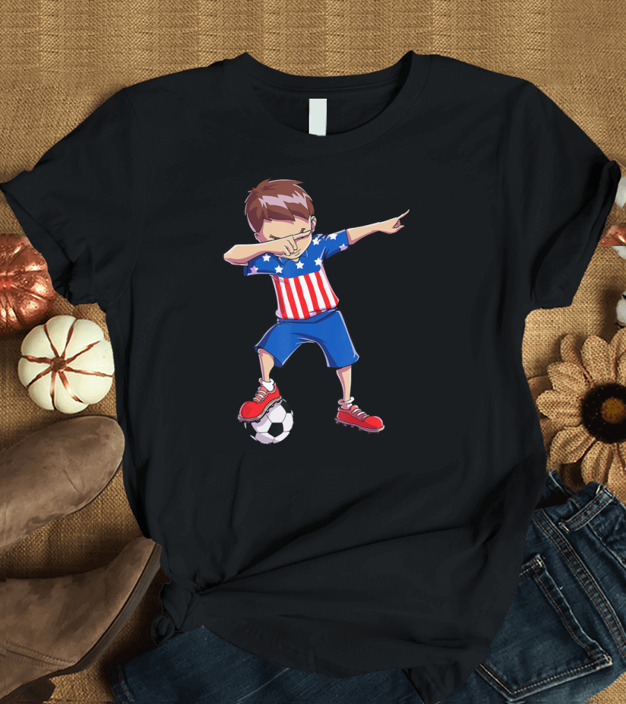 Dabbing Soccer Boy Patriotic Stars and Stripes 4th of July Kids T-Shirt