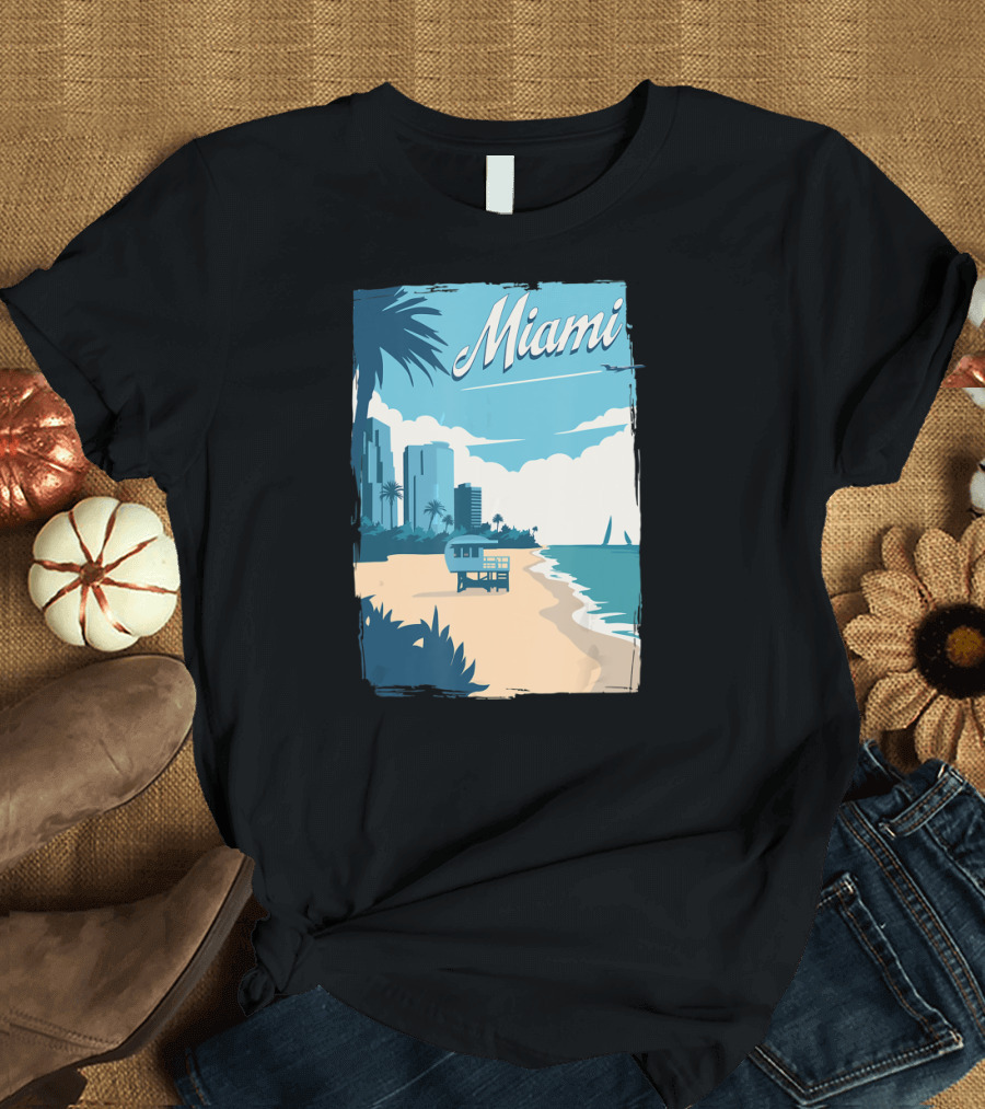Miami Florida Vintage Travel Beach Scene with Palm Trees and Cityscape T-Shirt
