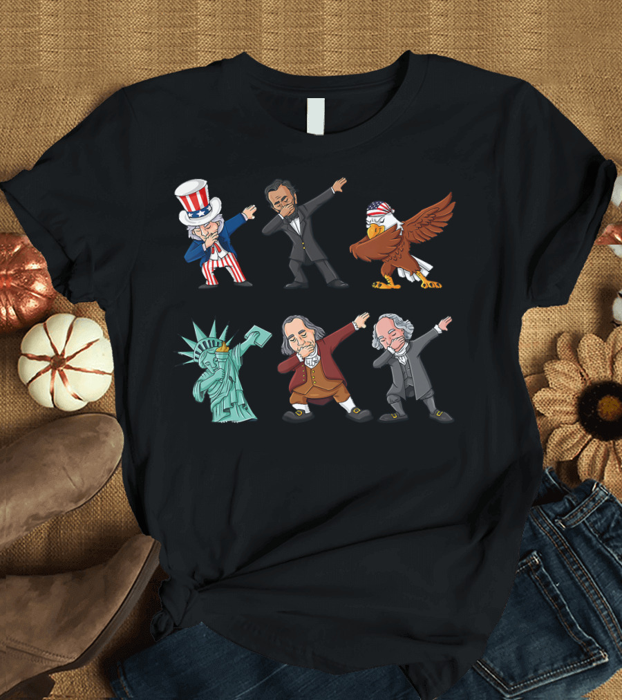 Dabbing Uncle Sam Lincoln Eagle Liberty Washington Franklin Fun 4th of July T-Shirt