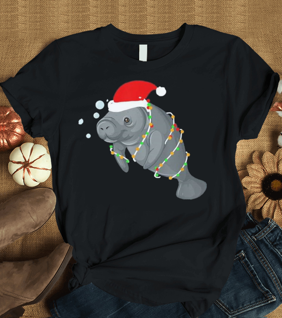Festive Manatee Santa Hat Ugly Christmas Lights T-Shirt