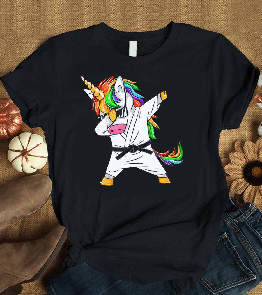Dabbing Unicorn Karate Jiu Jitsu Taekwondo Black Belt Rainbow Mane T-Shirt