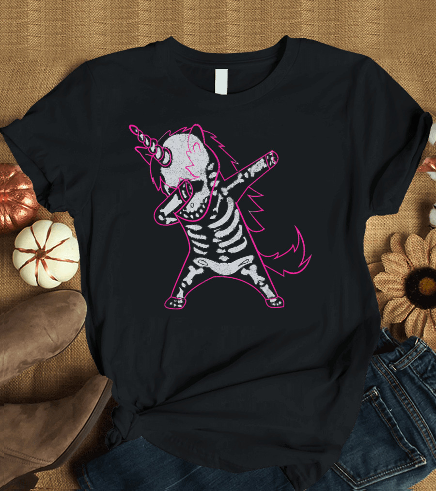 Dabbing Unicorn Skeleton Halloween Costume M Bright Pink Accents T-Shirt