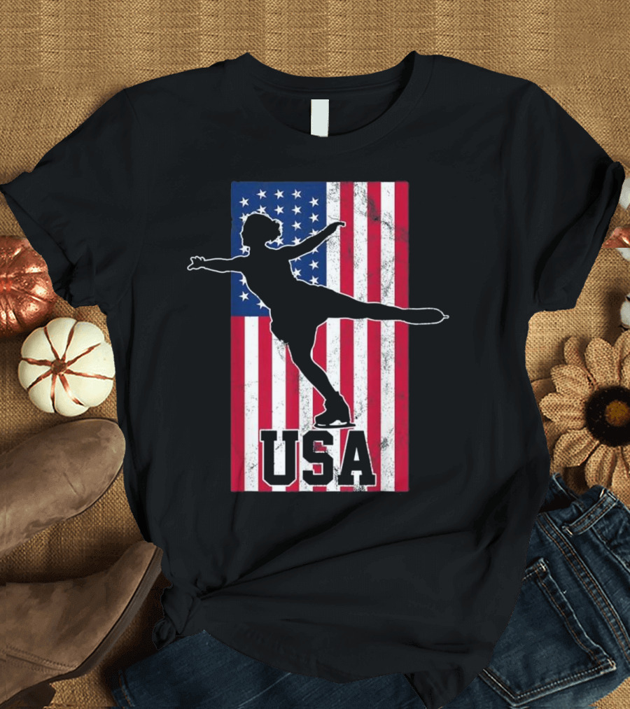 USA Figure Skating Silhouette on American Flag T-Shirt