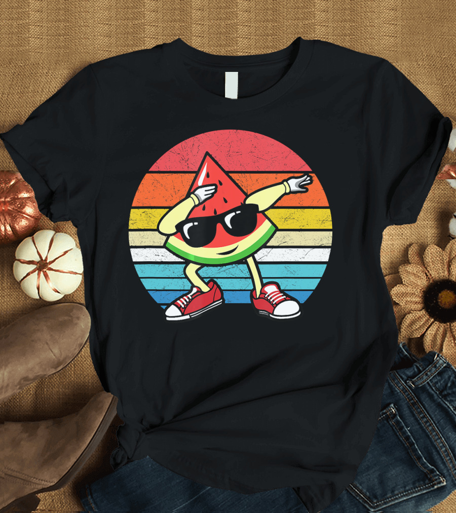 Vintage Summer Dabbing Watermelon with Sunglasses and Retro Stripes T-Shirt