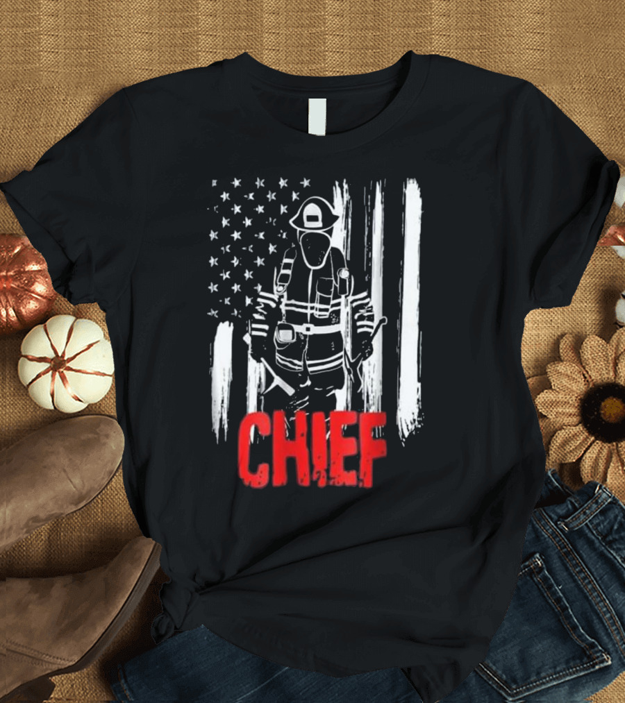 Firefighter Chief American Flag with Fireman in Gear T-Shirt