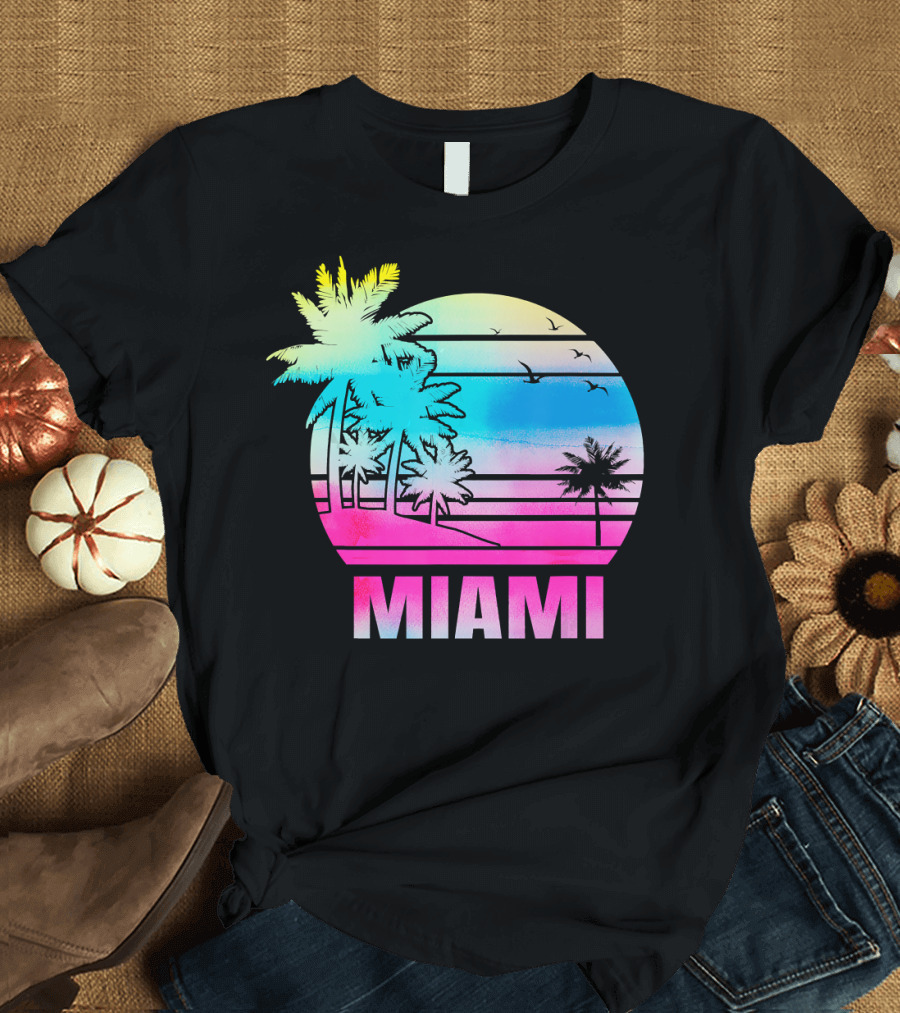 Miami Florida Beach Souvenir Vacation Palm Trees Sunset T-Shirt