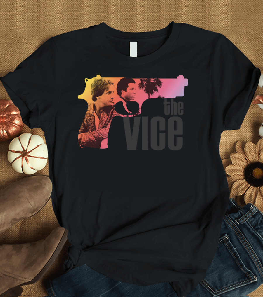 Miami Vice The Vice Neon Gun with Palm Trees and Characters T-Shirt