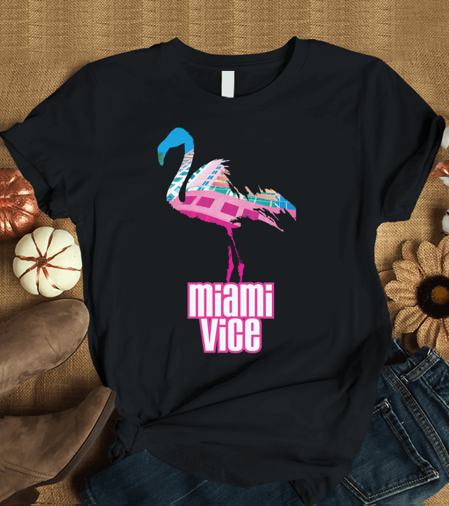 Miami Vice Neon Flamingo Cityscape Reflection T-Shirt