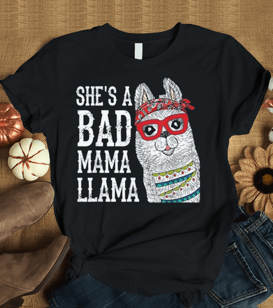 She's a Bad Mama Llama with Red Glasses and Bandana T-Shirt