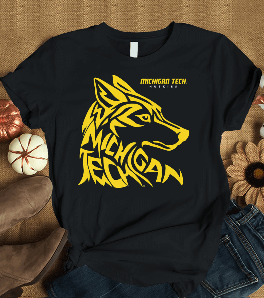 Michigan Tech Huskies Logo with Stylized Yellow Wolf Head T-Shirt