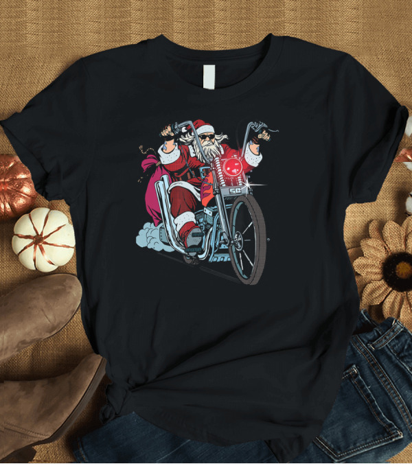 T-Shirt: Santa Claus On Motorcycle In Biker T-Shirt Santa Claus On Motorcycle In Biker T-Shirt