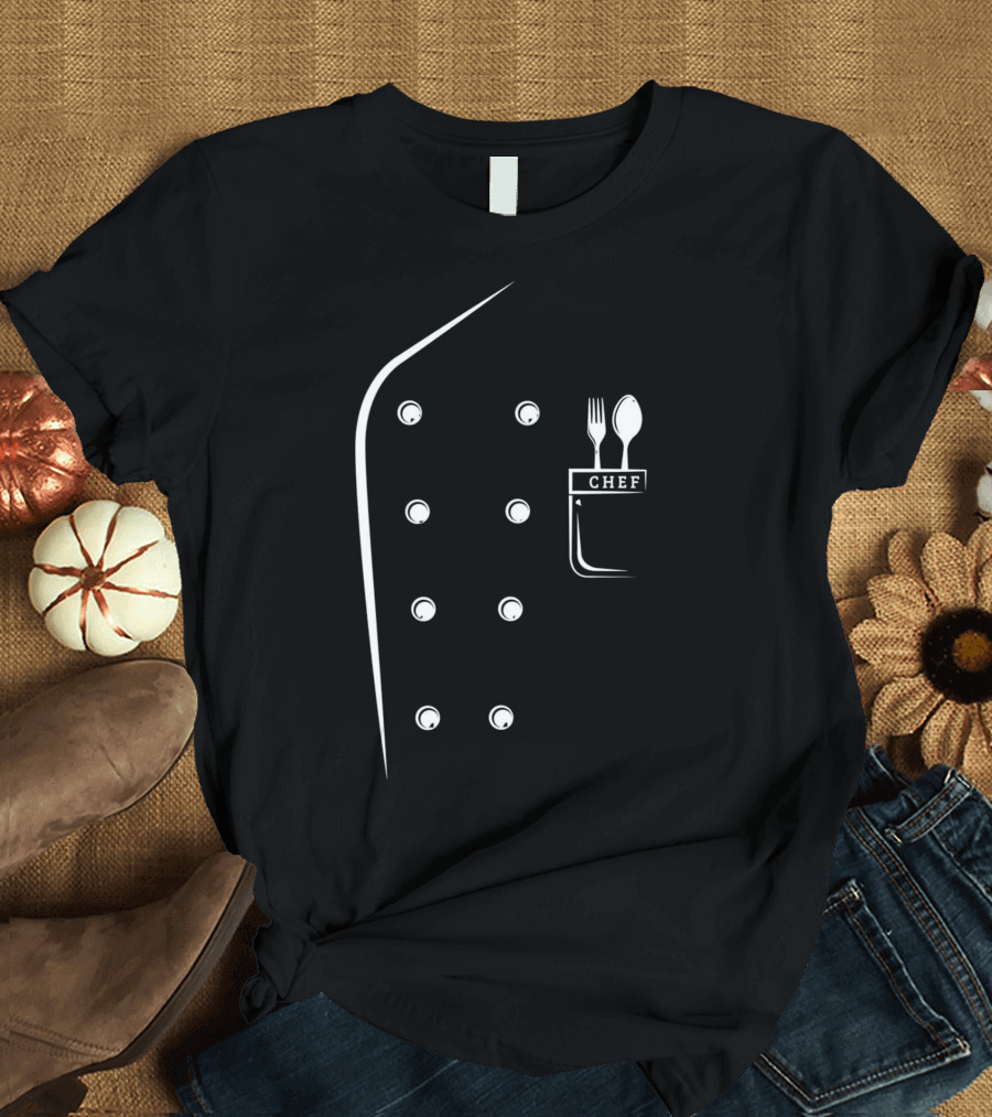 Chefs Jacket Faux Uniform with Chef Label and Utensils T-Shirt