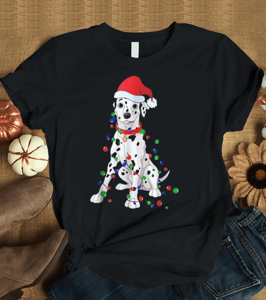 Dalmatian with Santa Hat and Christmas Lights T-Shirt