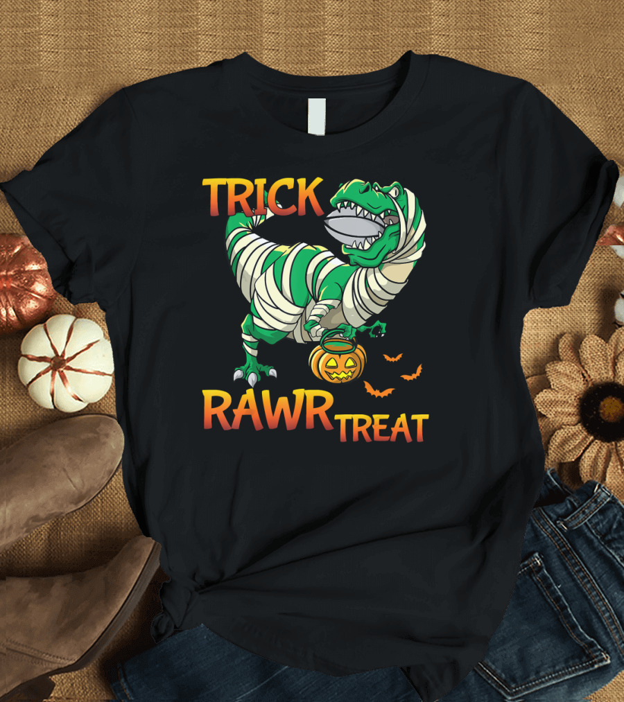 Trick Rawr Treat Rex Dinosaur Mummy with Pumpkin and Flying Bats T-Shirt
