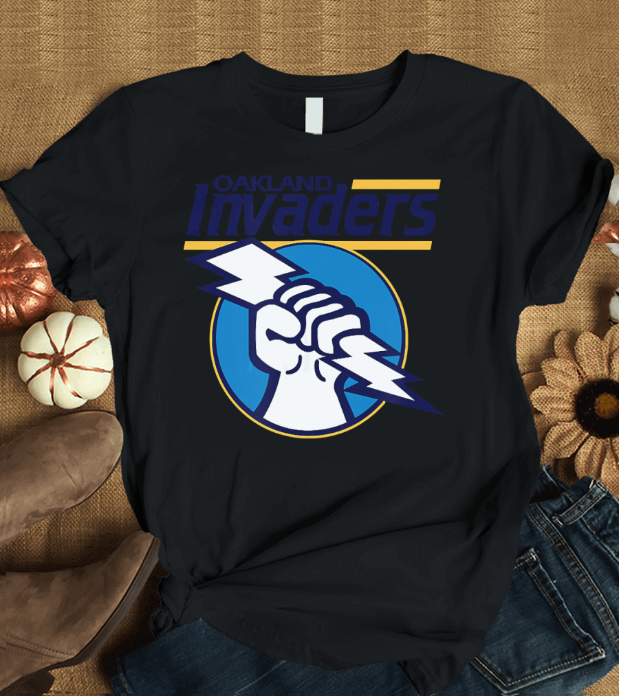 Oakland Invaders Football Fist Lightning Bolt Blue Circle T-Shirt