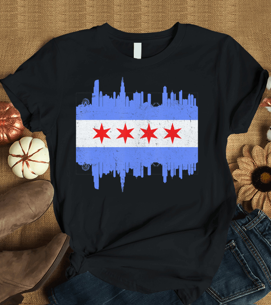 Chicago City Flag Skyline Vintage T-Shirt