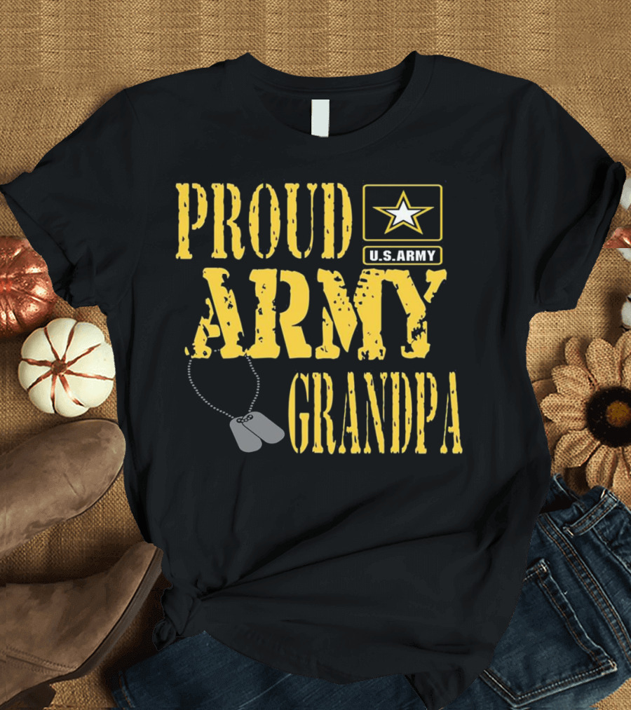 Proud U.S. Army Grandpa Military Dog Tags Star Emblem T-Shirt