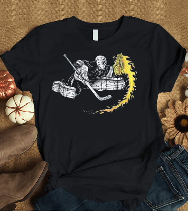 T-Shirt: Ice Hockey Goalie Hot Glove on Fire SAV with Flaming Puck Save T-Shirt Ice Hockey Goalie Hot Glove on Fire SAV with Flaming Puck Save T-Shirt