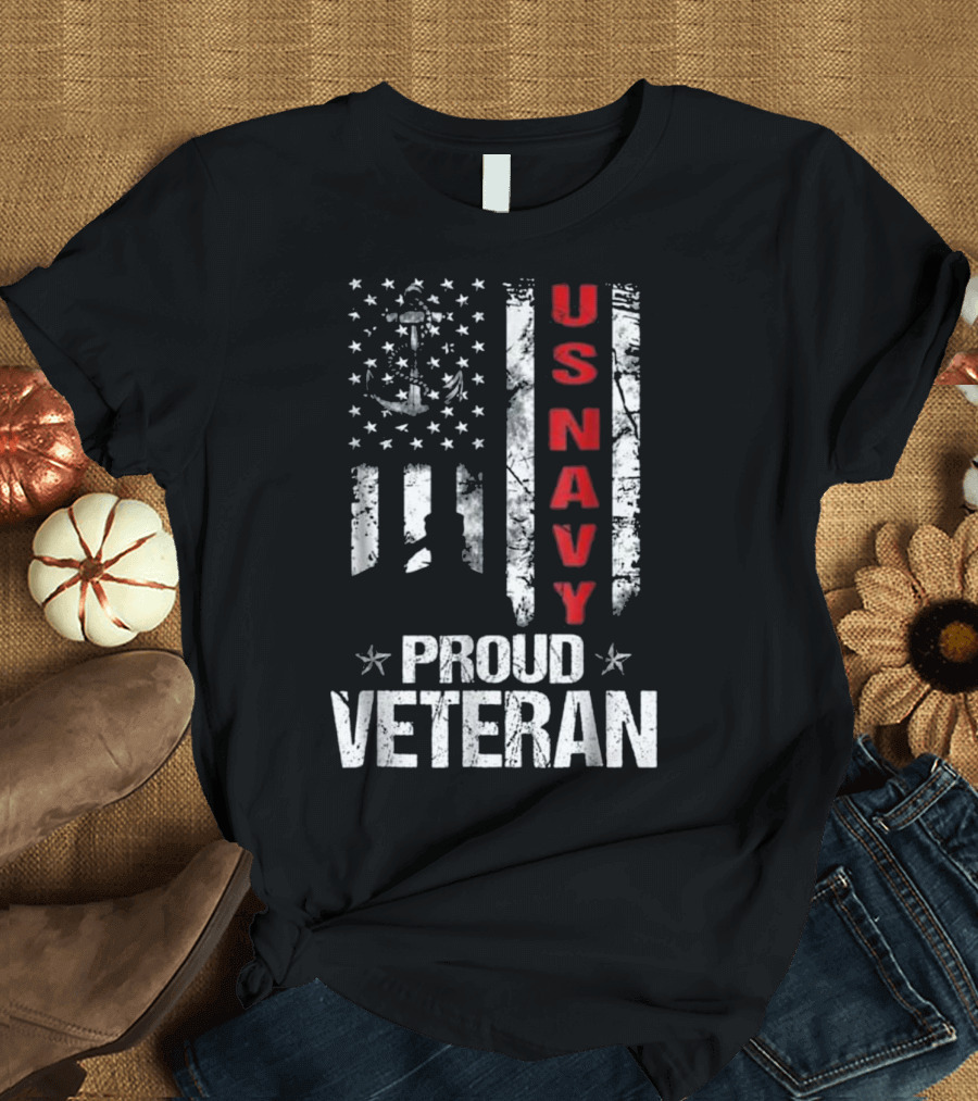 Proud Veteran US Navy Anchor Stars and Stripes Patriotic T-Shirt