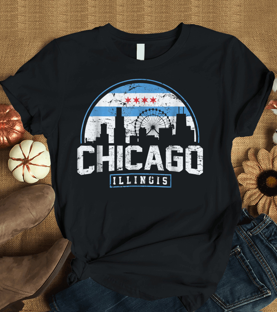 Chicago Illinois Skyline with Ferris Wheel and Stars T-Shirt