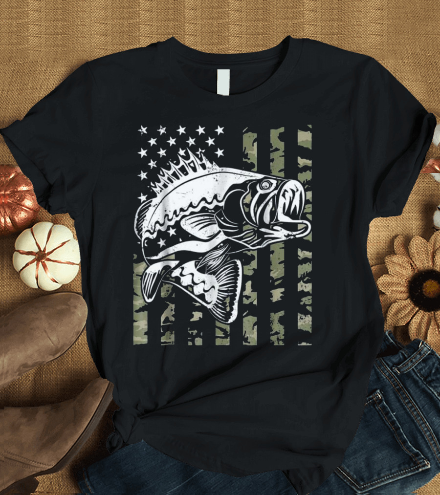 Fishing Camouflage Flag Bass T-Shirt