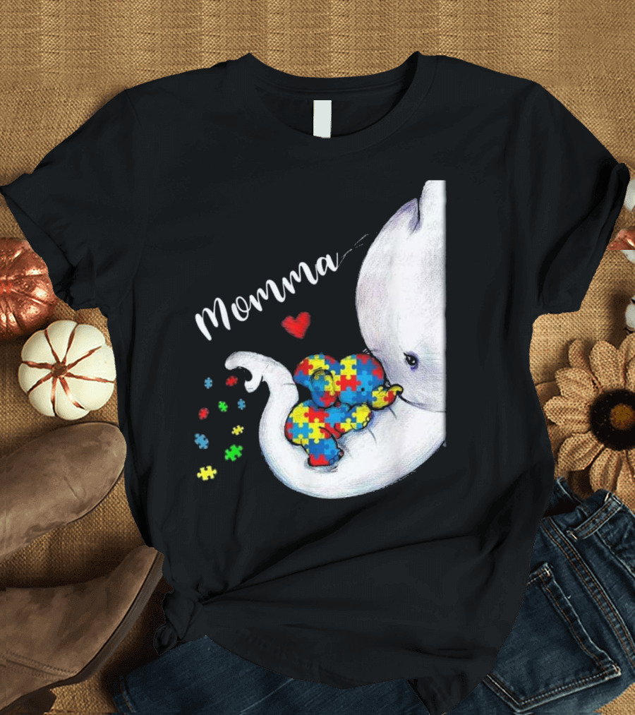 Momma Elephant Autism Awareness Puzzle Heart T-Shirt