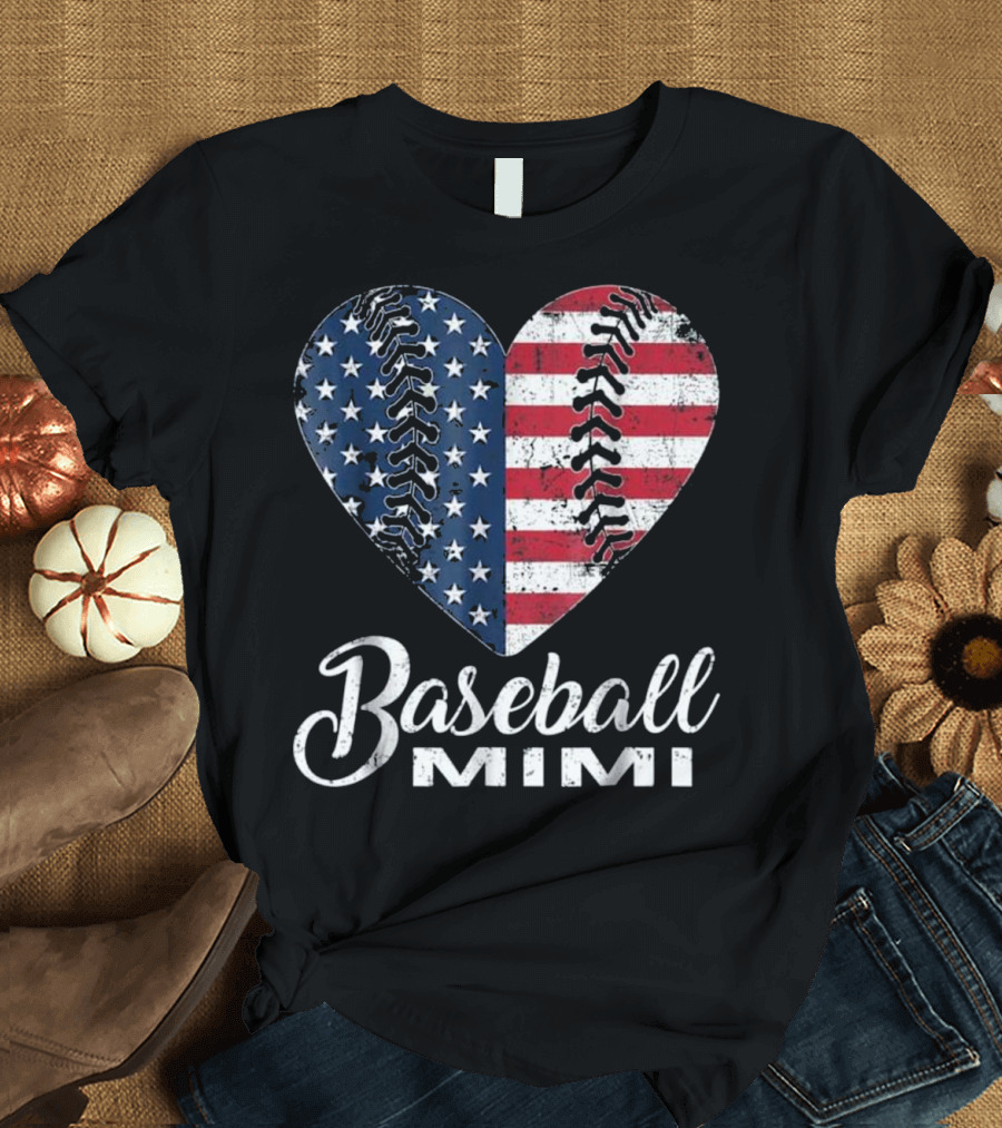 Baseball Mimi American Flag Heart T-Shirt