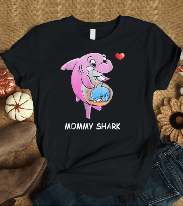 T-Shirt: MOMMY SHARK Pink Cartoon with Baby and Heart T-Shirt MOMMY SHARK Pink Cartoon with Baby and Heart T-Shirt