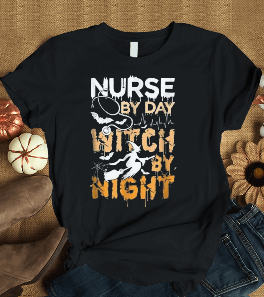 Nurse by Day Witch by Night Halloween Theme with Bats and Flying Witch T-Shirt