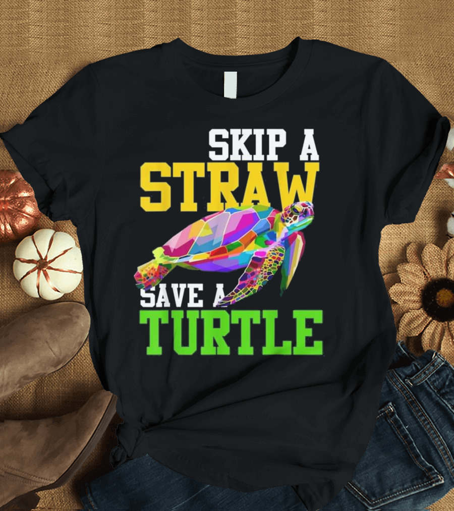 Skip A Straw Save A Turtle Colorful Geometric Turtle T-Shirt