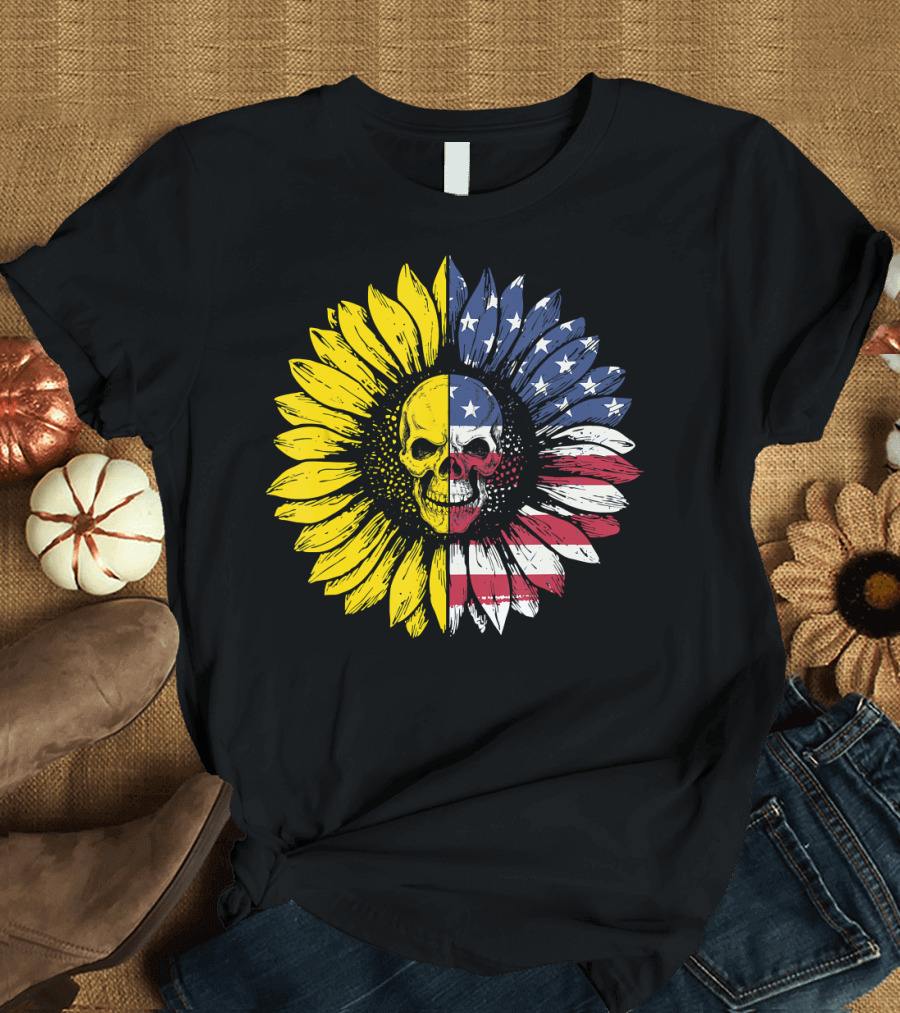 Skull Sunflower American Flag Split T-Shirt