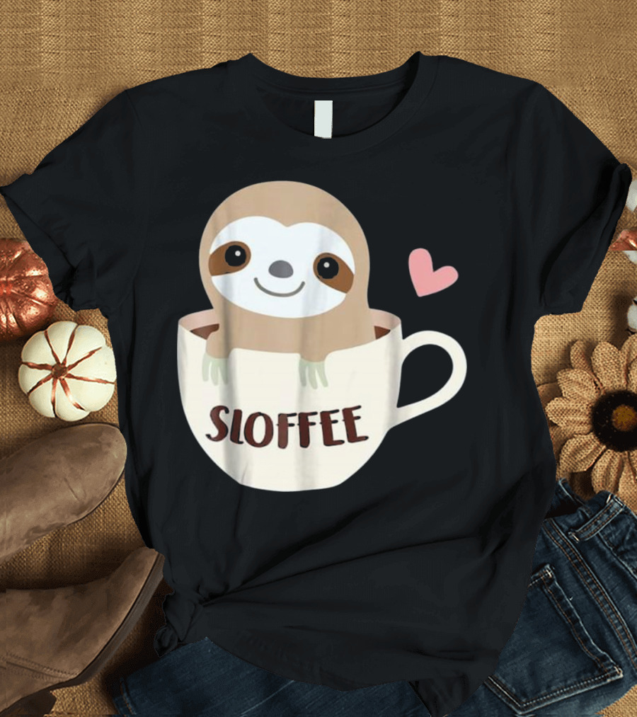 Sloffee Sloth Coffee Funny Coffee Cute Sloth in Cup with Heart T-Shirt