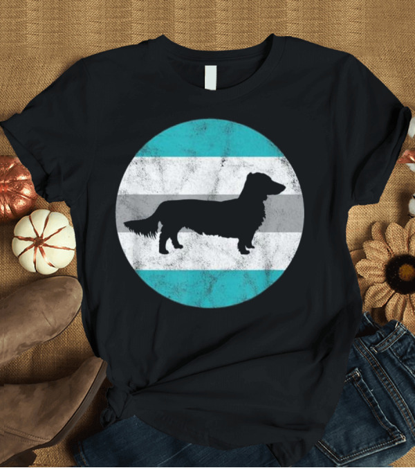 T-Shirt: Long Haired Dachshund Silhouette on Teal and Gray Stripes T-Shirt Long Haired Dachshund Silhouette on Teal and Gray Stripes T-Shirt