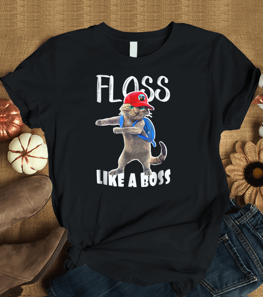 FLOSS Cat with Blue Backpack and Red Cap Like a Boss T-Shirt