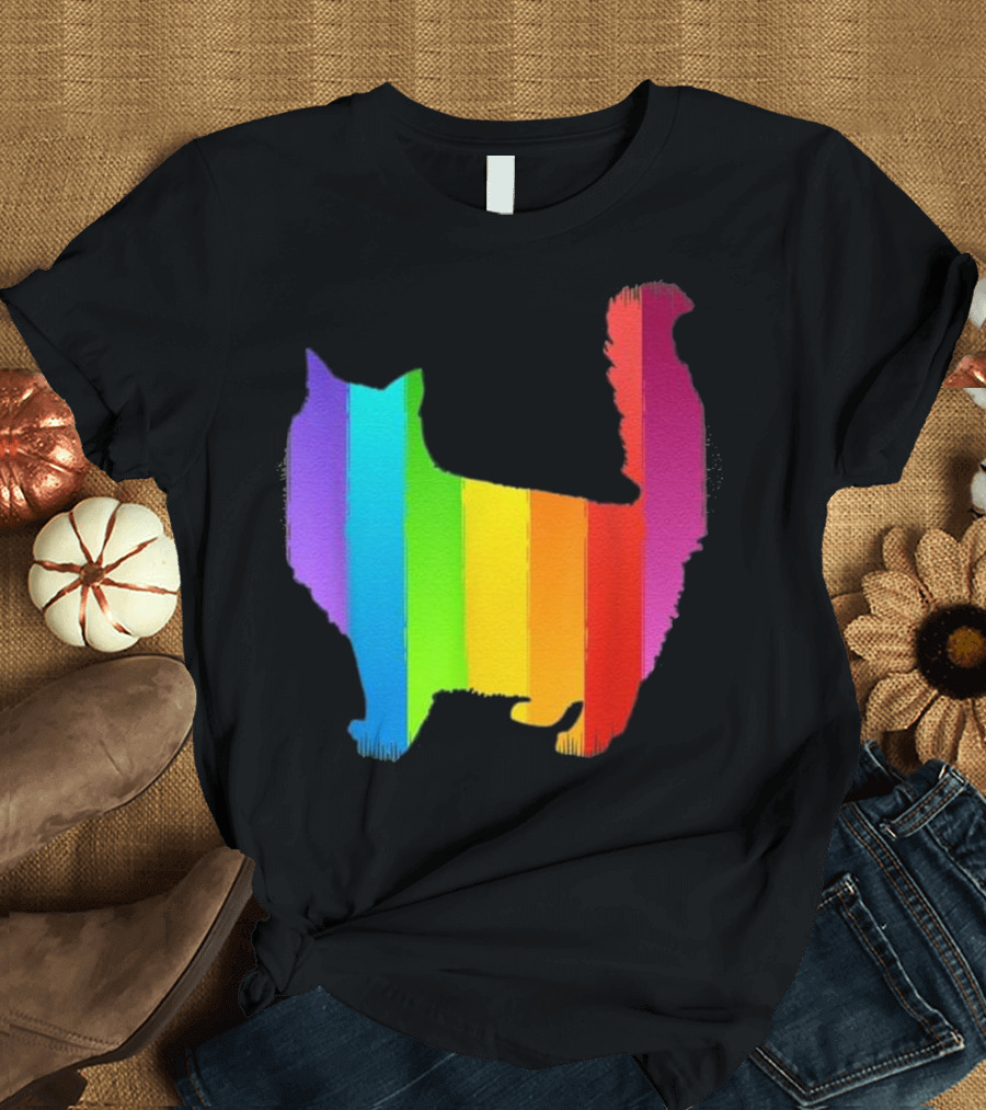 Fluffy Rainbow Cat Silhouette with Vibrant Colors T-Shirt