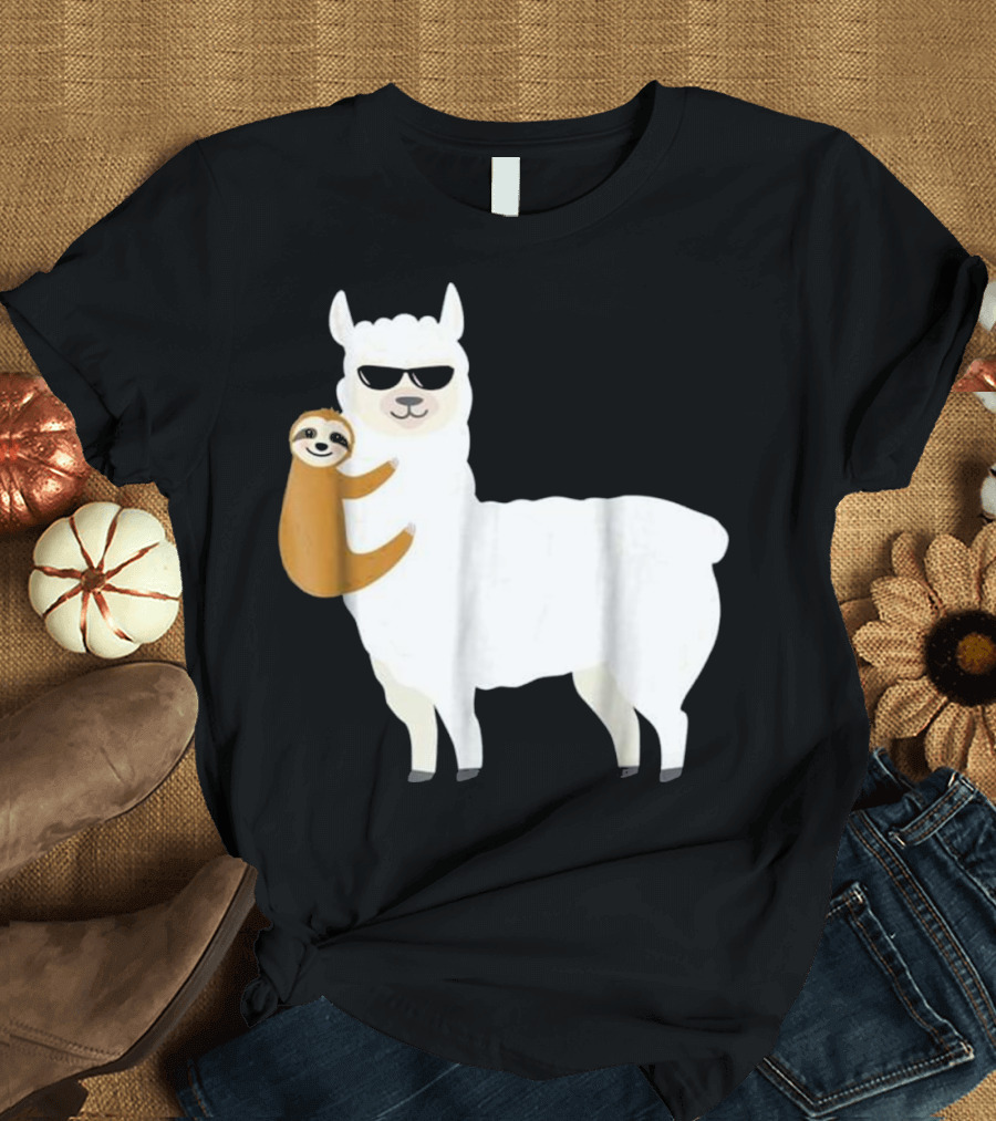 Sloth Hugging Cool Sunglasses Llama Alpaca T-Shirt