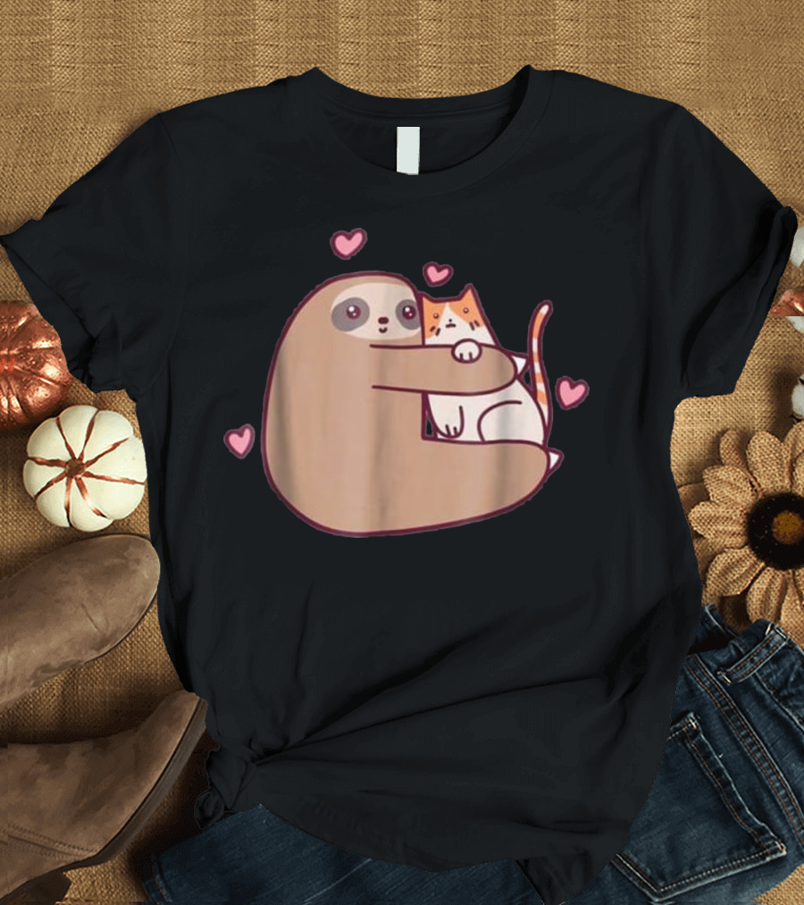 Sloth Hugs Cat Surrounded by Hearts T-Shirt