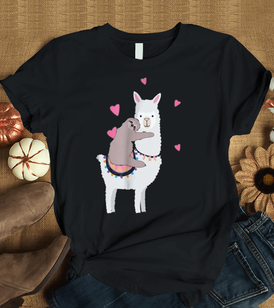 Sloth Best Friends Riding Llama Surrounded by Hearts T-Shirt