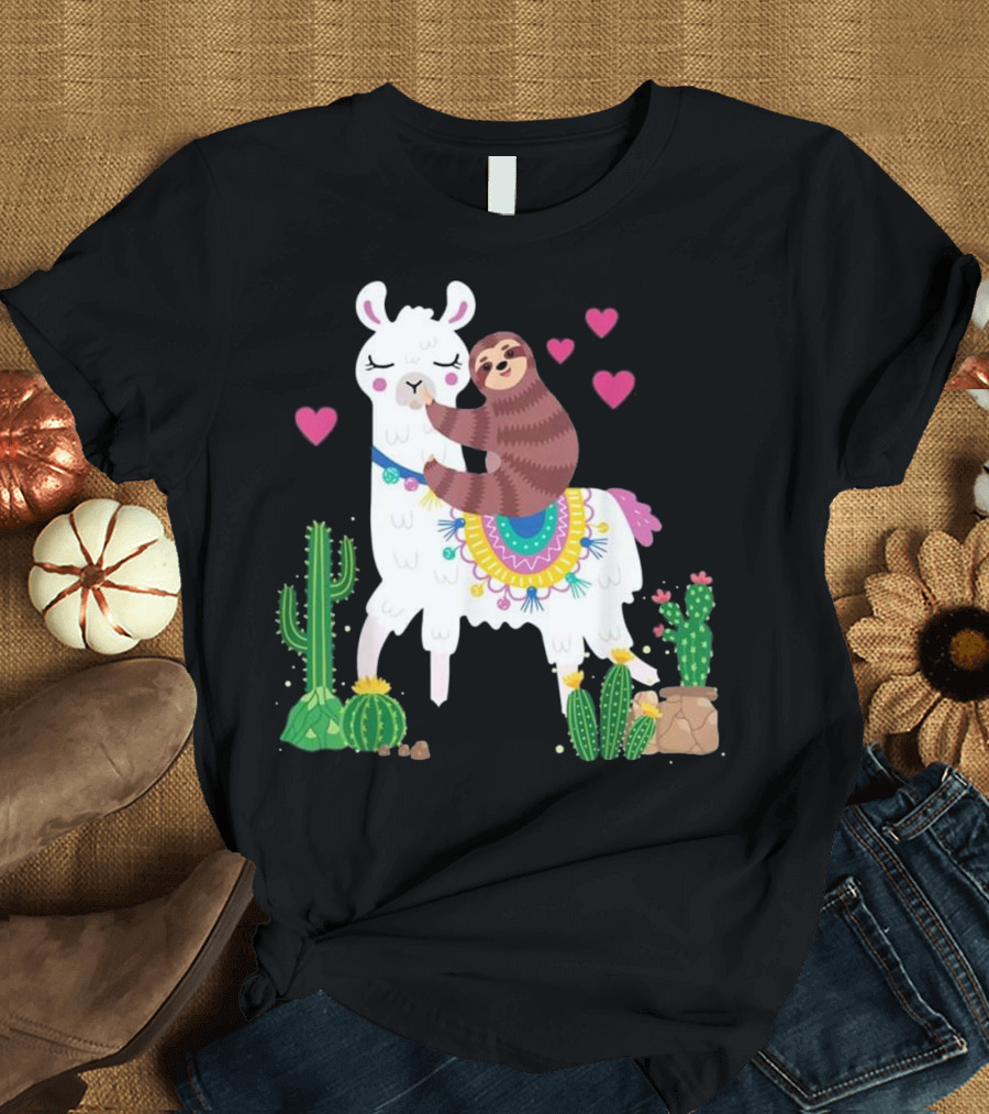 Sloth Hugging Llama with Colorful Blanket Surrounded by Cactus and Hearts T-Shirt